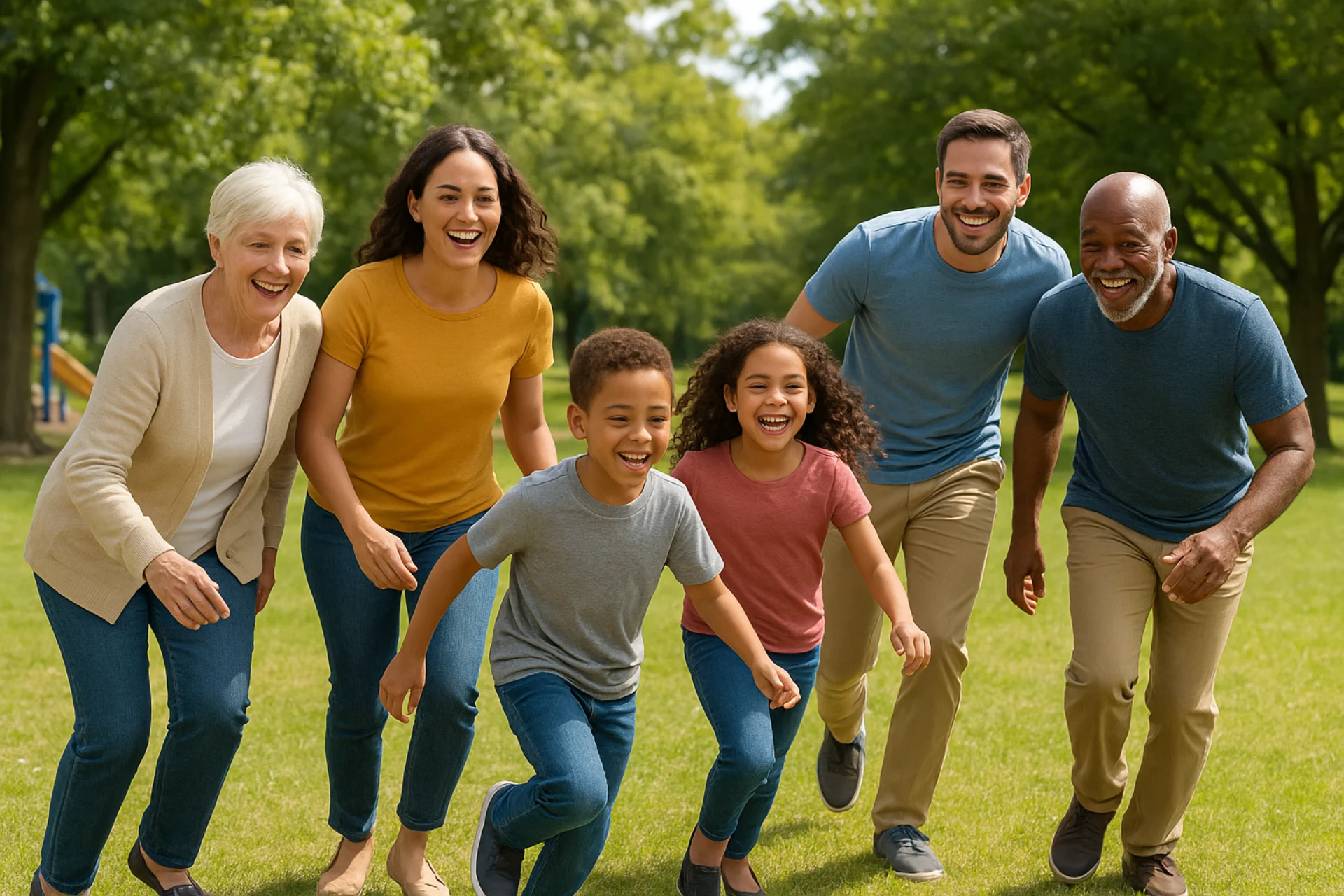 Family of 4 adults chasing two children